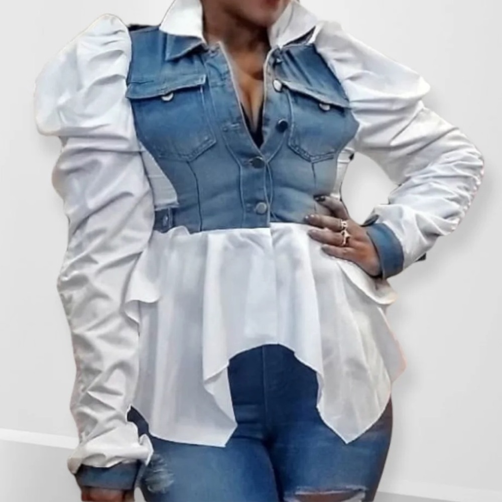 Denim & White Ruffle Sleeve Shirt